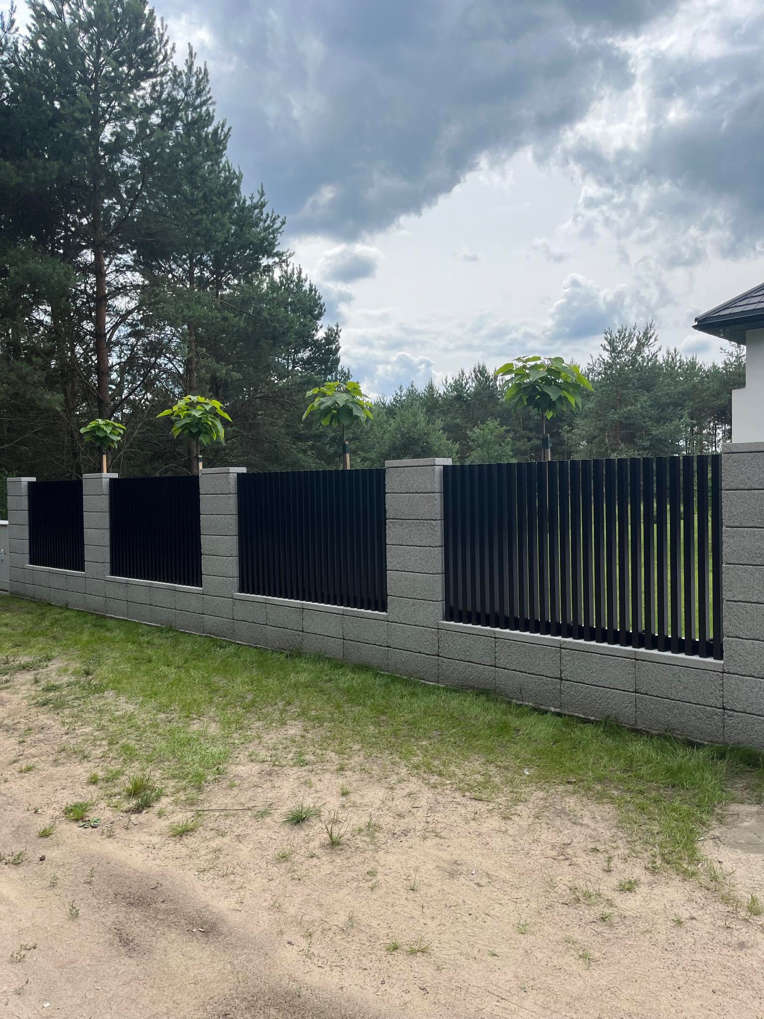 Nowoczesne ogrodzenie panelowe z czarnymi pionowymi panelami i szarymi słupkami z bloczków betonowych, z młodymi drzewkami posadzonymi wzdłuż ogrodzenia, na tle zieleni i pochmurnego nieba.