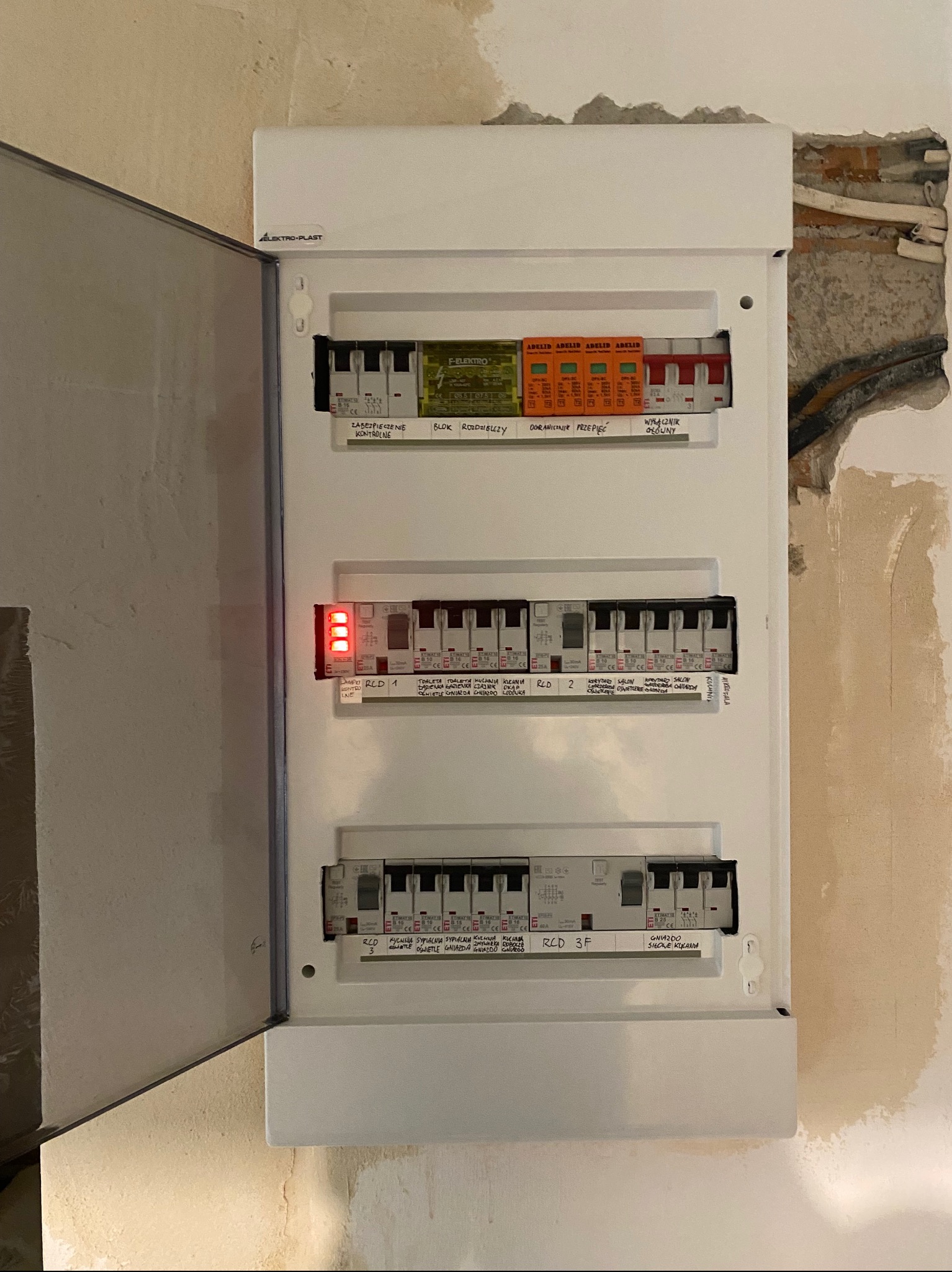 Otwarta skrzynka elektryczna z bezpiecznikami i wyłącznikami różnicowoprądowymi, zamontowana na surowej ścianie w Kowalach, widoczne oznaczenia obwodów i zabezpieczeń.