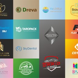 Jakub Zelek - Kompilacja szesnastu różnorodnych logotypów, każdy w odmiennej kolorystyce i stylu, reprezentujących różne branże: od zdrowia po edukację i nieruchomości.