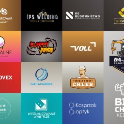 Jakub Zelek - Zestaw różnorodnych logo firm z różnych branż, od budownictwa i gastronomii po usługi medyczne i optyczne, prezentowanych na wielokolorowym tle.