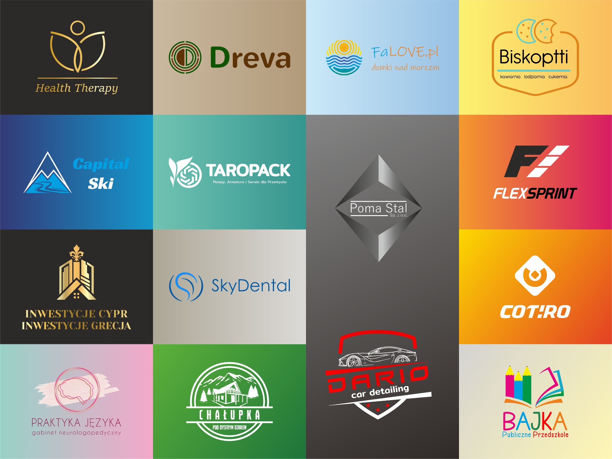 Kompilacja szesnastu różnorodnych logotypów, każdy w odmiennej kolorystyce i stylu, reprezentujących różne branże: od zdrowia po edukację i nieruchomości.