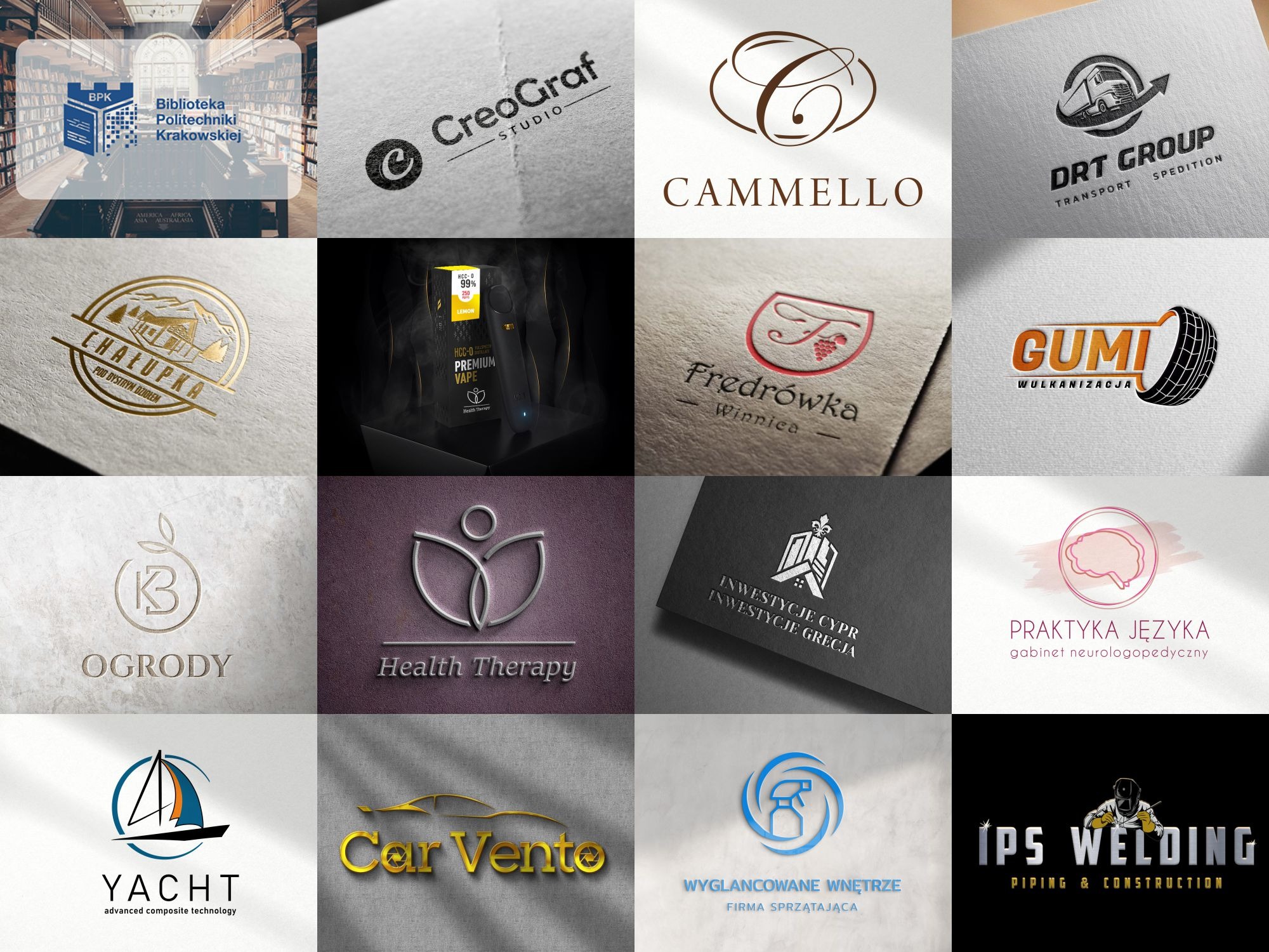 Kompilacja szesnastu różnych, minimalistycznych projektów logo, prezentowanych na papierze z delikatną fakturą, o zróżnicowanej kolorystyce i tematyce.