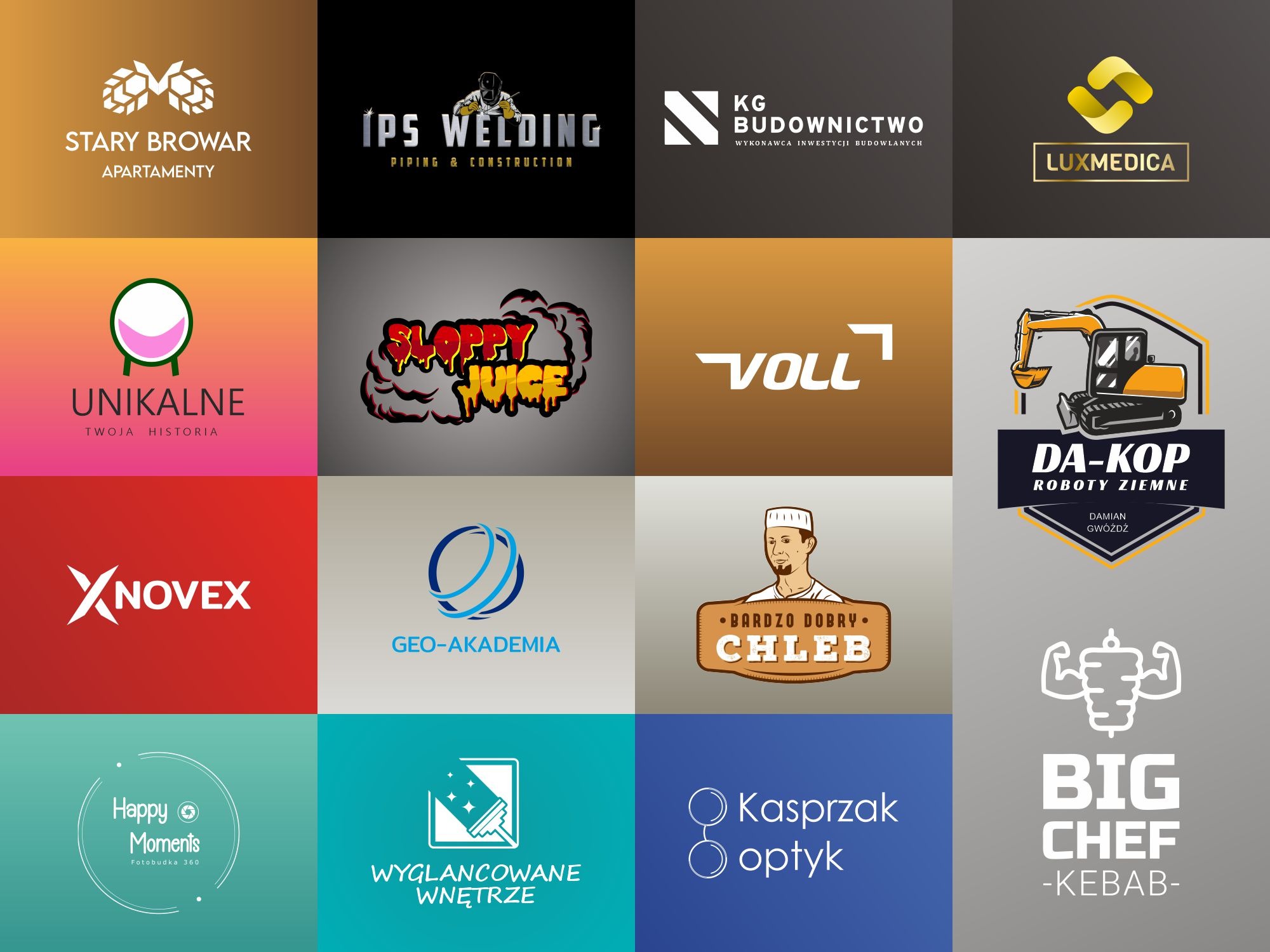 Zestaw różnorodnych logo firm z różnych branż, od budownictwa i gastronomii po usługi medyczne i optyczne, prezentowanych na wielokolorowym tle.