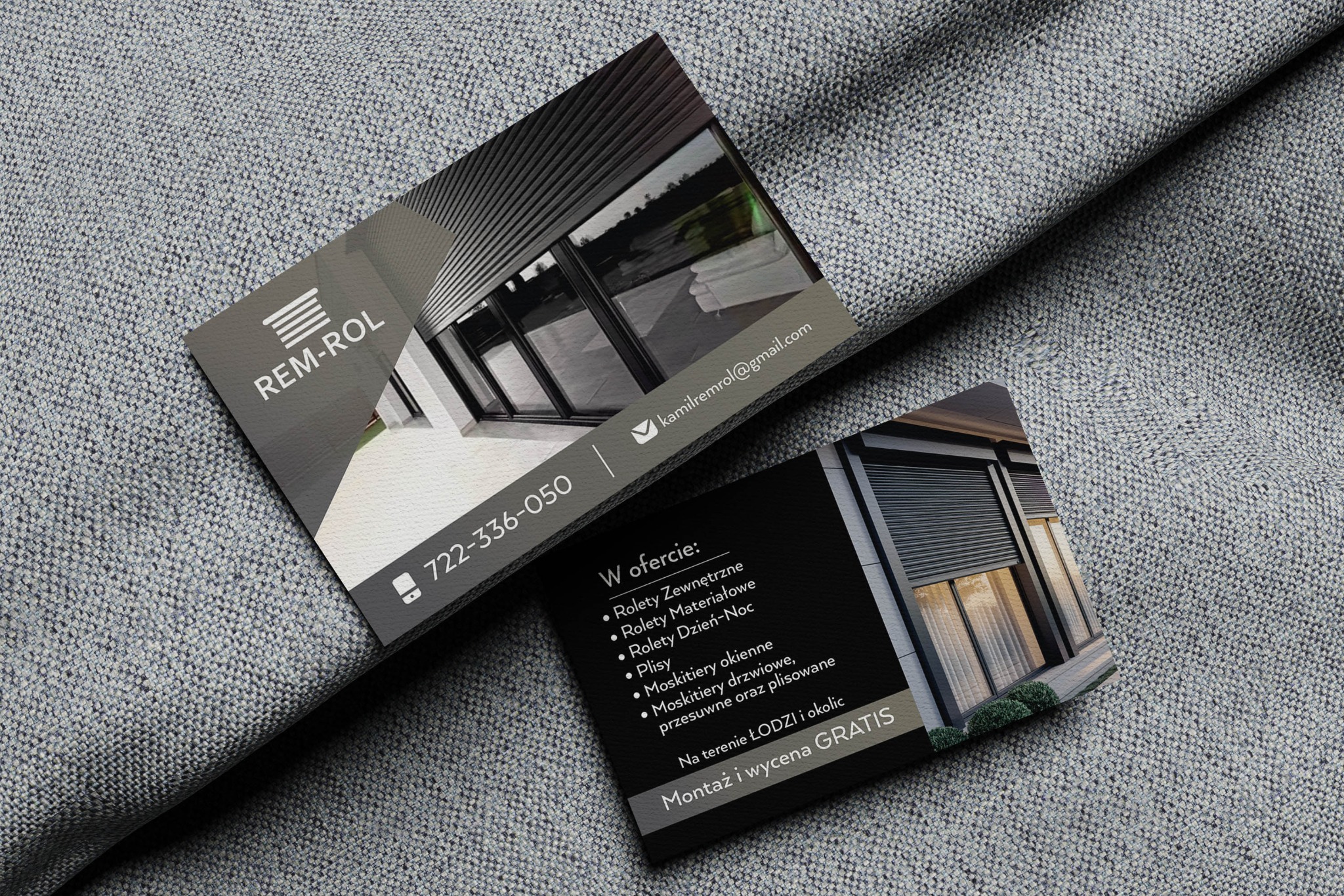 Dwie wizytówki firmy REM-ROL na teksturowanym tle. Oferta rolet zewnętrznych, materiałowych, dzień-noc, plis, moskitier okiennych i drzwiowych z montażem i wyceną w Łodzi.