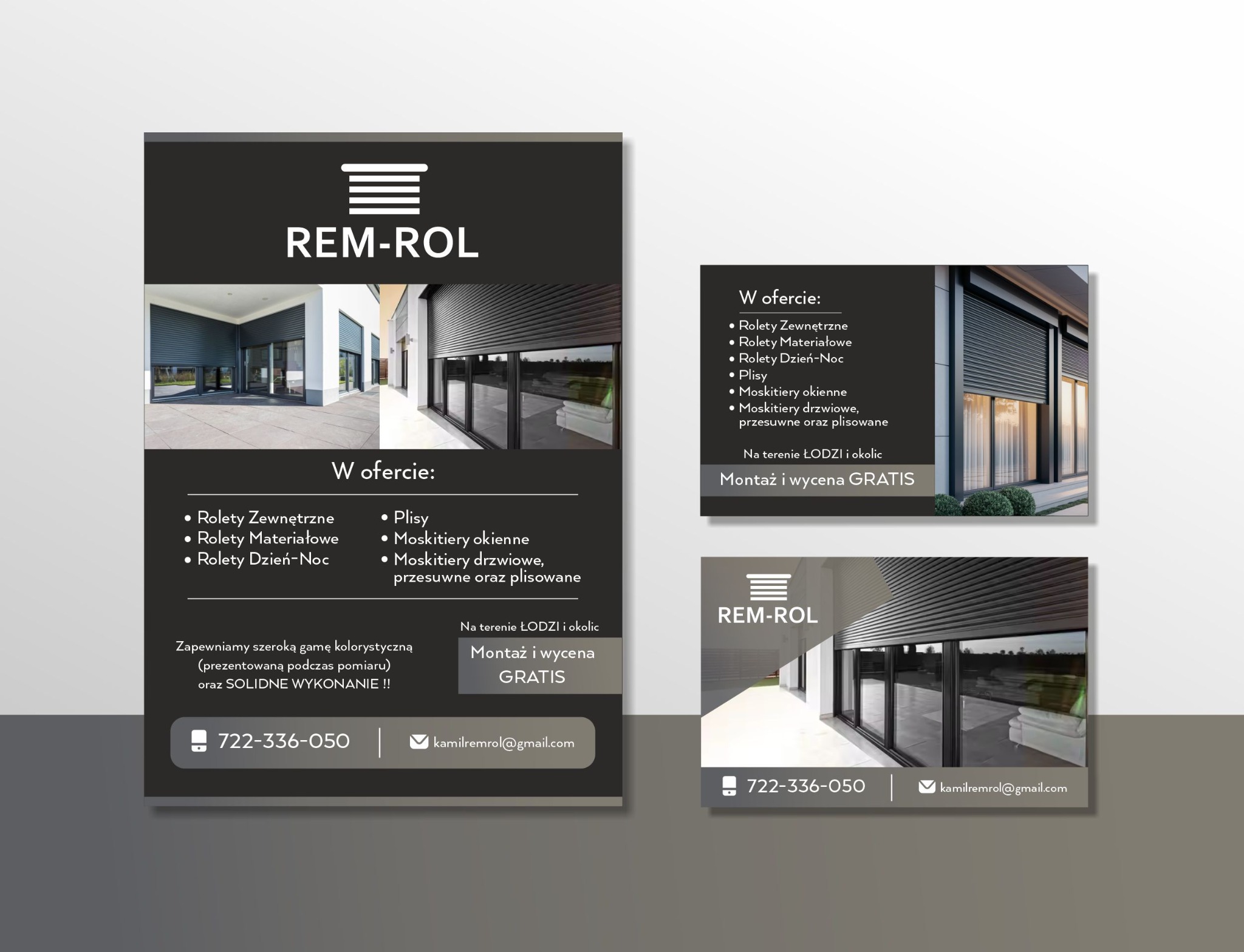 Ulotka reklamowa firmy REM-ROL oferującej rolety zewnętrzne, materiałowe, dzień-noc, plisy i moskitiery z montażem i wyceną gratis na terenie Łodzi i okolic.