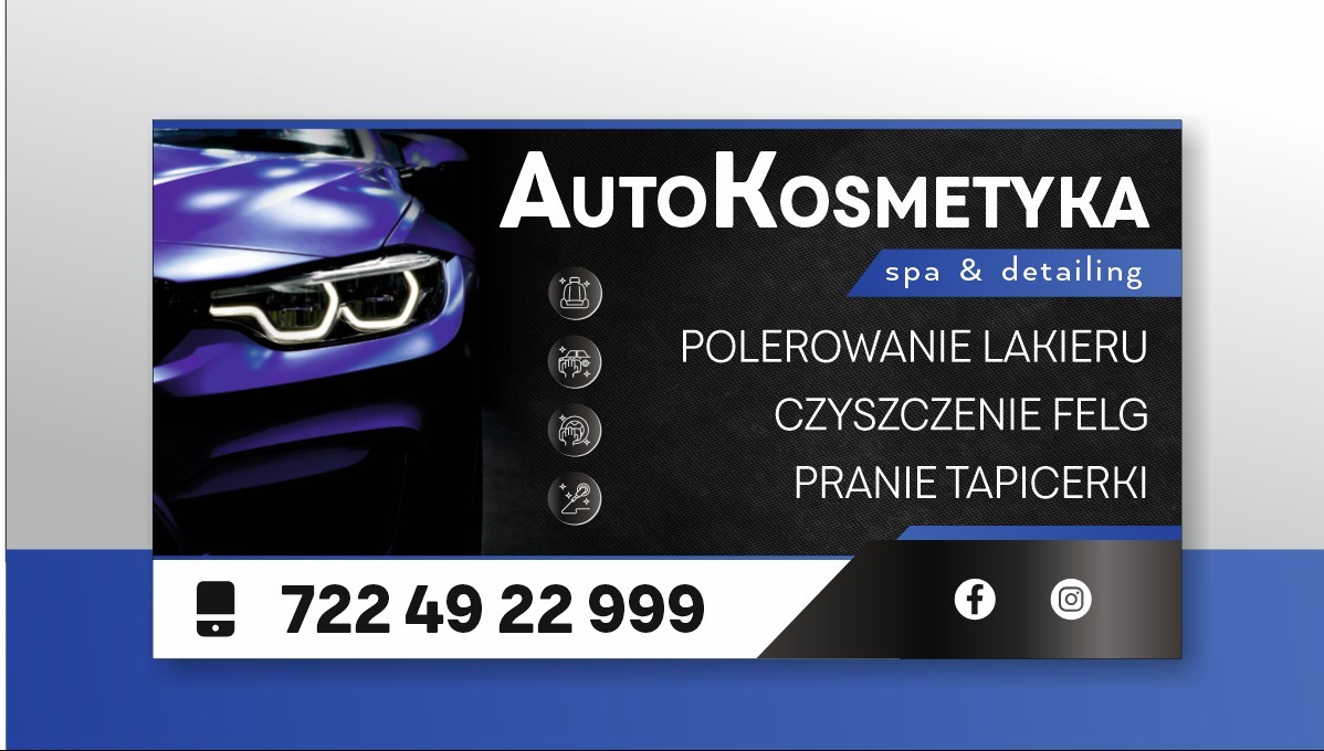 Baner reklamowy autokosmetyki: polerowanie lakieru, czyszczenie felg, pranie tapicerki. Na banerze widać fragment auta i dane kontaktowe.