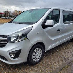 Twój-BUS - Srebrny Opel Vivaro z widoczną tablicą rejestracyjną, zaparkowany na betonowej kostce w pochmurny dzień.