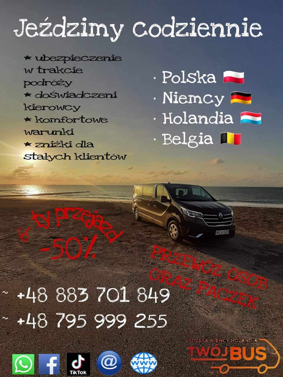 Czarny bus na tle plaży z reklamą usług transportowych do Polski, Niemiec, Holandii i Belgii, oferujący ubezpieczenie, doświadczonych kierowców i zniżki dla stałych klientów. Widoczne numery...