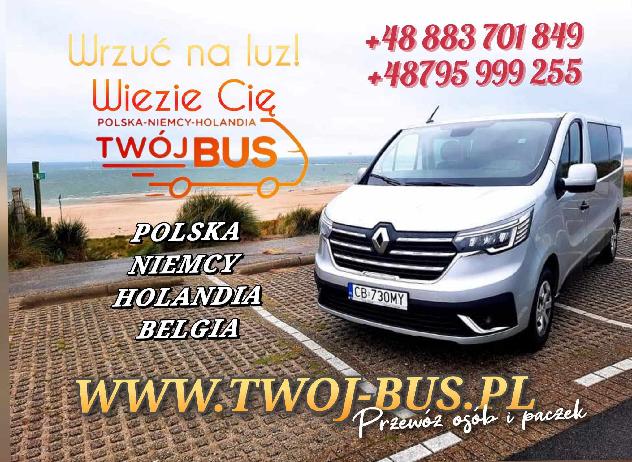 Srebrny bus z numerem rejestracyjnym CB 730MY zaparkowany na ażurowym parkingu z widokiem na plażę. Logo firmy 'TWÓJ BUS' z hasłem 'Wrzuć na luz! Wiezie Cię. Polska-Niemcy-Holandia' oraz informacją...