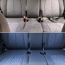 INTERIOR CARe - Kompleksowe czyszczenie wnętrza samochodu - Tapicerka samochodowa z wzorem, widok przed i po czyszczeniu. Górna część z widocznymi zabrudzeniami, dolna po praniu, czysta i odświeżona.
