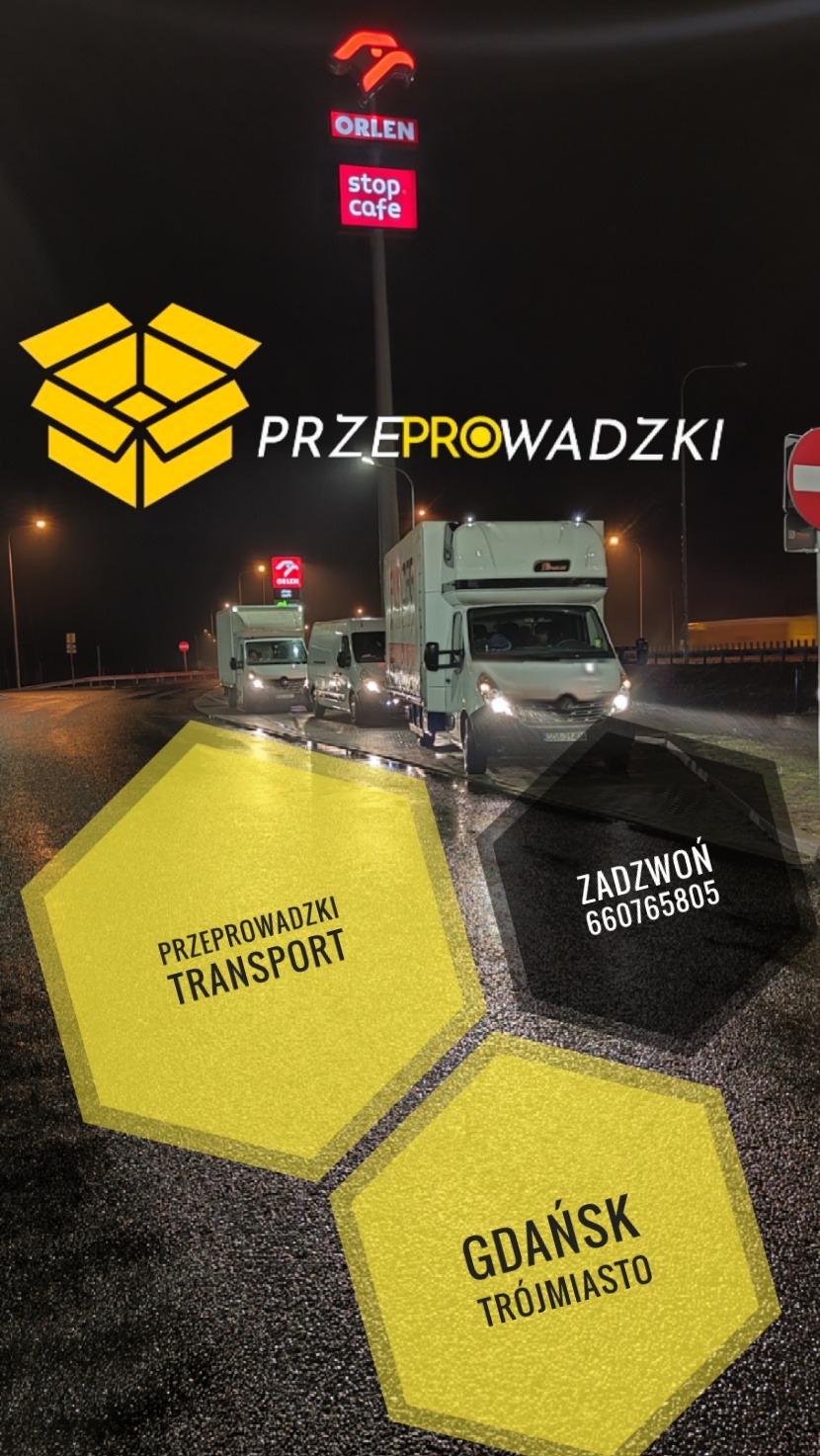 Reklama firmy przeprowadzkowej z Gdańska i Trójmiasta, prezentująca flotę busów transportowych na tle stacji Orlen nocą.