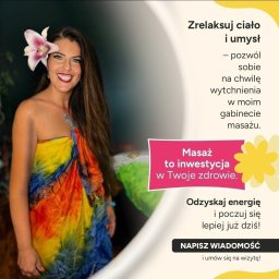 Zrelaksuj Ciało, Umysł i Ducha bo jesteś CUDem.
Pozwól sobie na chwilę wytchnienia w moim gabinecie. Masaż to inwestycja w siebie, w nastrój w zdrowie.
Zapraszam 