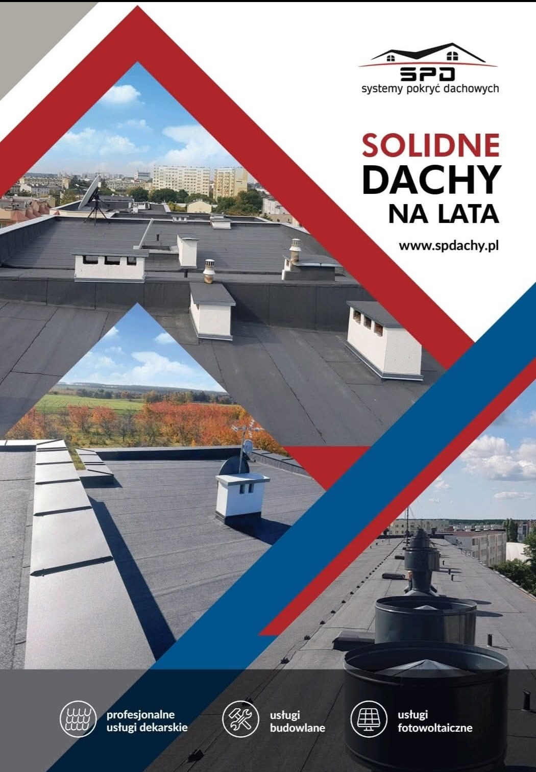 Grafika reklamowa prezentująca płaski dach pokryty czarną membraną, z widocznymi kominami wentylacyjnymi i elementami instalacji, na tle panoramy miasta i krajobrazu, z logo firmy SPD i hasłem...