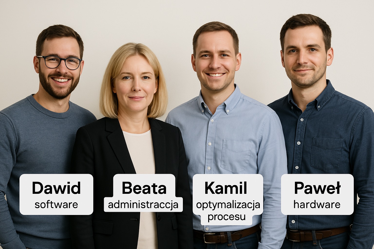Portret zespołu: Dawid (software), Beata (administracja), Kamil (optymalizacja procesu) i Paweł (hardware), uśmiechnięci, na jasnym tle.