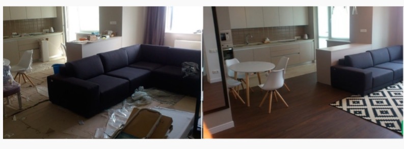 Dwuobrazkowe porównanie: po lewej salon w trakcie remontu z kartonami i folią zabezpieczającą pod ciemnoszarą narożną sofą, po prawej ten sam salon po remoncie z okrągłym stołem, krzesłami...