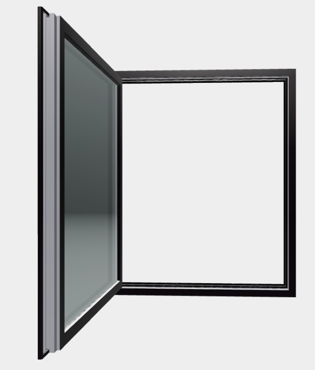 Czarne, otwarte okno z szarą ramą w minimalistycznym stylu na jasnym tle. Widoczny bok okna z profilem.