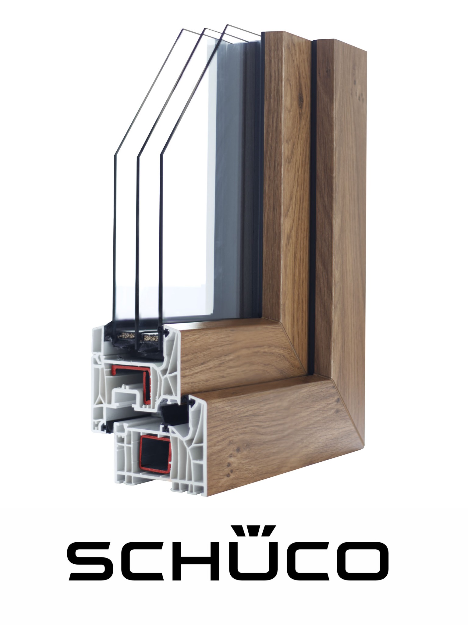 Przekrój okna PCV Schüco z wykończeniem drewnopodobnym, ukazujący wielokomorową konstrukcję i potrójne szyby, na białym tle.