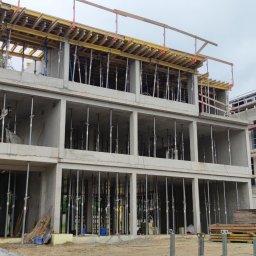 Triumh - Surowy stan budynku żelbetowego w trakcie budowy, widoczne podpory i szalunki, sąsiedni budynek w rusztowaniach, pochmurne niebo w tle.