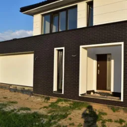 Nowoczesny dom z elewacją z ciemnej cegły klinkierowej, z widoczną bramą garażową i wejściem osłoniętym ramą, w trakcie prac wykończeniowych wokół budynku.