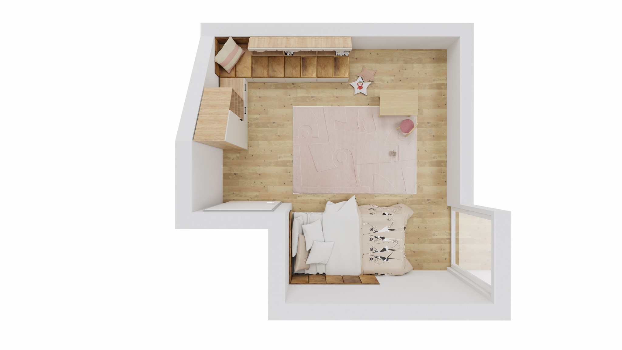 Widok z góry na pokój dziecięcy z drewnianą podłogą, łóżkiem przy oknie, biurkiem, krzesłem i sofą z półkami. Różowy dywan z geometrycznym wzorem.