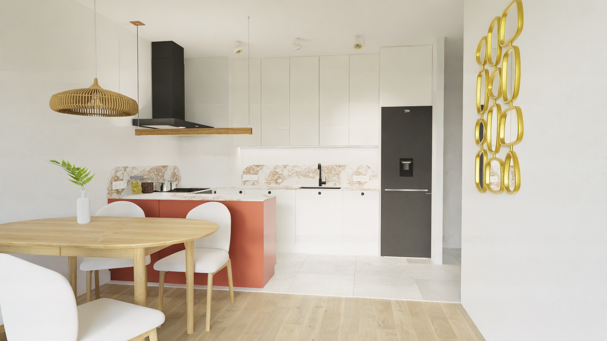 Nowoczesna kuchnia z wyspą w kolorze terakoty, okrągłym stołem z drewna i złotą dekoracją ścienną. Minimalistyczny design wnętrza z elementami naturalnymi.