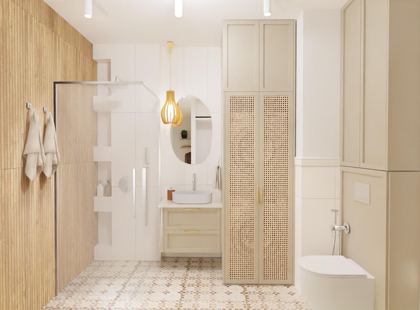 Jasna łazienka z drewnianymi akcentami: kabina prysznicowa, szafka z umywalką, lustro, wysoka szafa z rattanowymi drzwiami i toaleta. Ciepłe oświetlenie.
