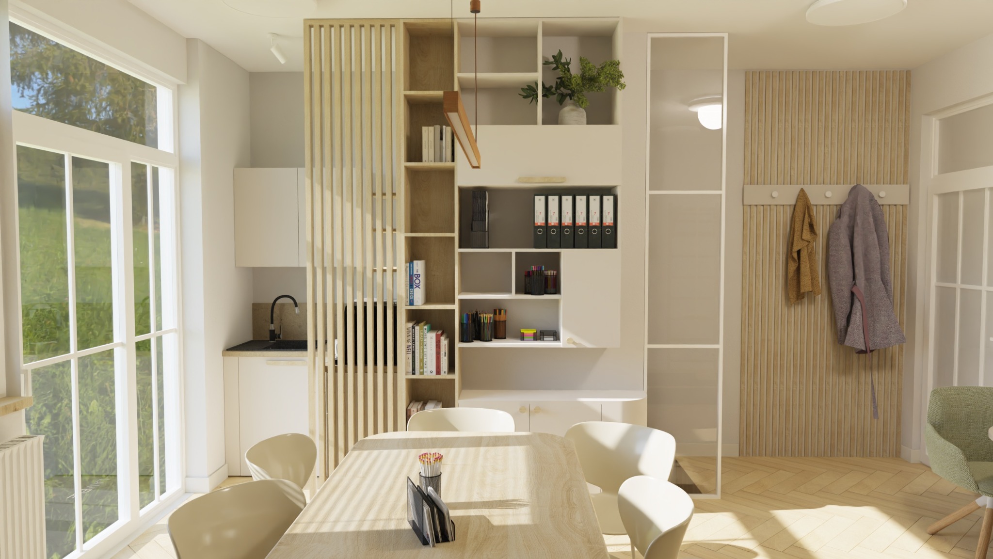 Jasne wnętrze z drewnianymi akcentami: stół jadalny, regał z książkami i dekoracjami, w tle aneks kuchenny i wieszak na ubrania. Nowoczesny design z naturalnym światłem.