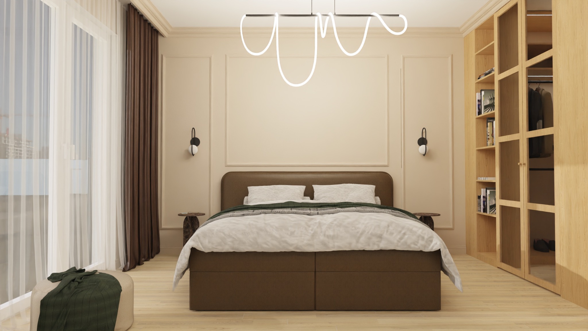 Nowoczesna sypialnia z brązowym łóżkiem kontynentalnym, minimalistyczną lampą sufitową i drewnianą szafą z przeszkleniami. Stonowana kolorystyka i elegancki wystrój.