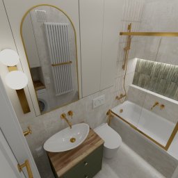Sztukateria - projektowanie wnętrz w kamienicach w Szczecinie - Wizualizacja małej łazienki z owalnym lustrem w złotej ramie, umywalką nablatową na drewnianej szafce w kolorze oliwkowym oraz wanną z parawanem nawannowym w złotej ramie.