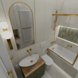 Wizualizacja małej łazienki z owalnym lustrem w złotej ramie, umywalką nablatową na drewnianej szafce w kolorze oliwkowym oraz wanną z parawanem nawannowym w złotej ramie.