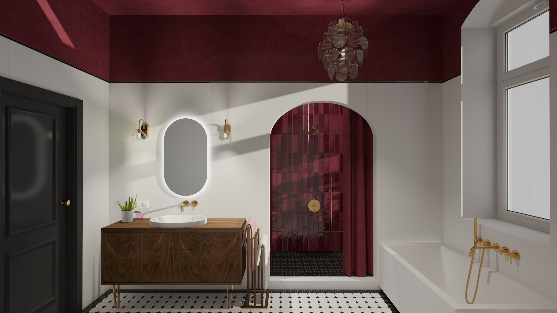 Elegancka łazienka w Szczecinie z burgundowymi akcentami: ściany, prysznic z zasłoną, oświetlone owalne lustro nad drewnianą szafką z umywalką, czarno-biała podłoga i złote detale.