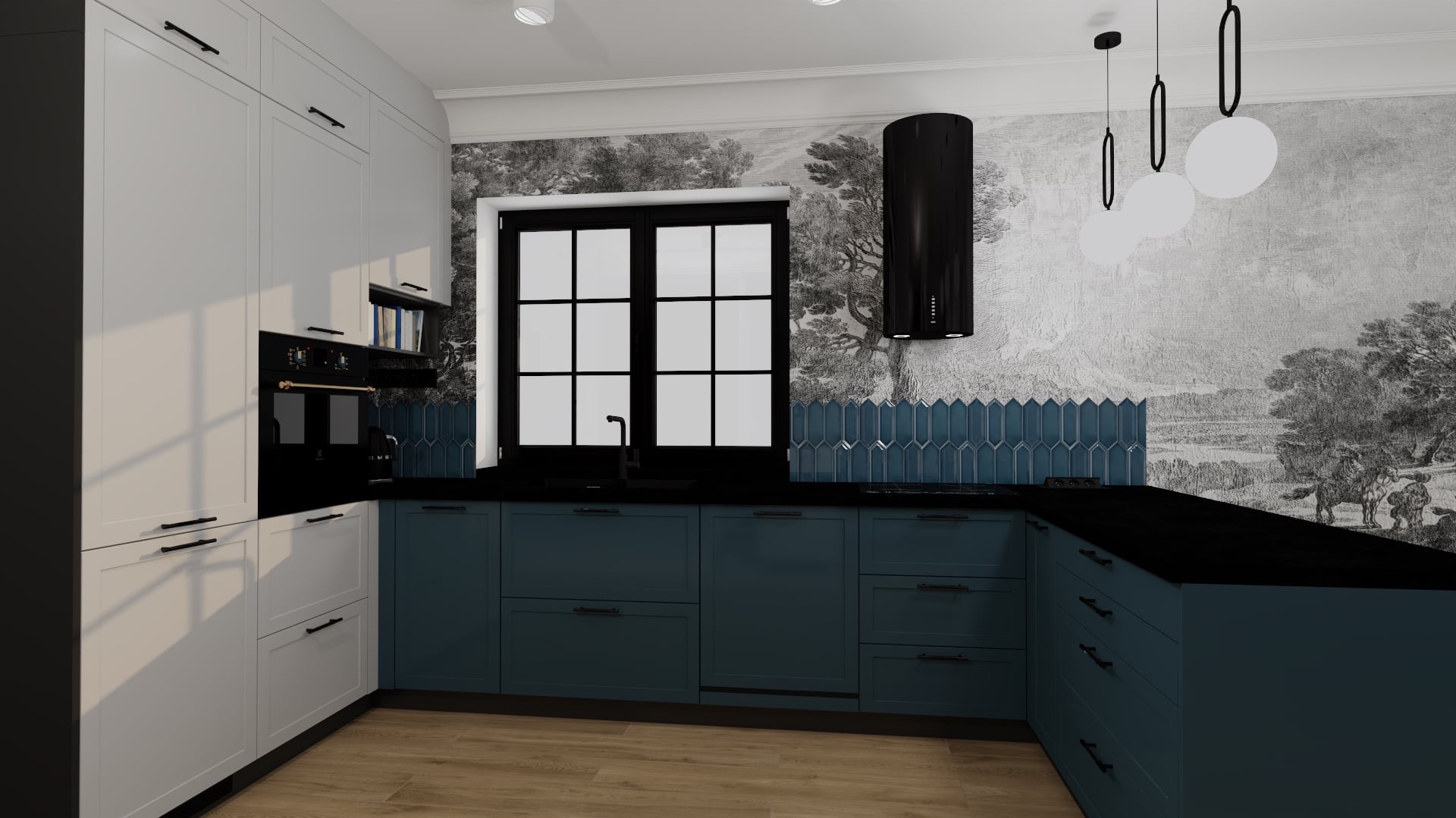 Wizualizacja kuchni z ciemnoniebieskimi szafkami, czarnym blatem i okapem oraz białymi szafkami wiszącymi. Ściana zdobiona tapetą w stylu toile de jouy i niebieskimi, pionowymi płytkami. Nad blatem...