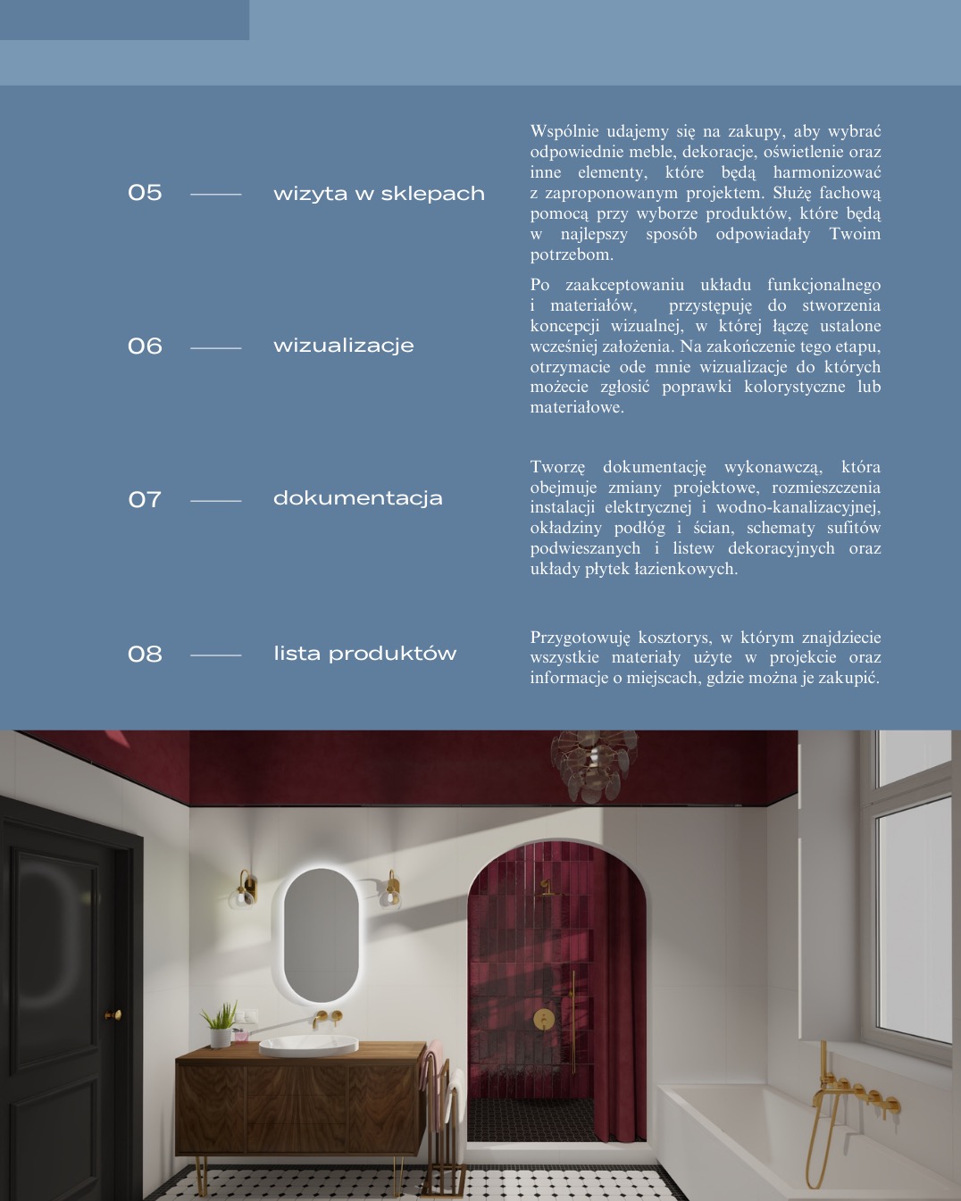 Elegancka łazienka z umywalką na szafce z ciemnego drewna na złotych nóżkach, owalne lustro z podświetleniem LED, czarne drzwi, kabina prysznicowa w odcieniach czerwieni i biało-czarna podłoga...