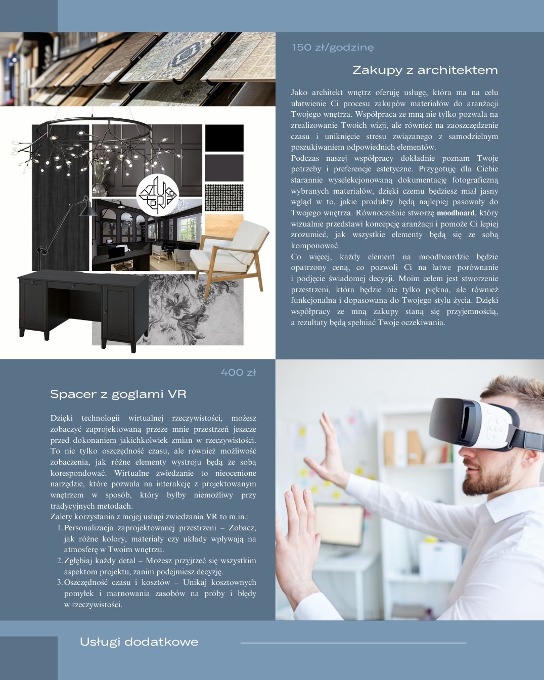 Moodboard prezentujący wizualizację wnętrza z czarnym biurkiem, krzesłem, lampą i dekoracjami w ciemnej tonacji, uzupełniony o próbki materiałów i podłóg.