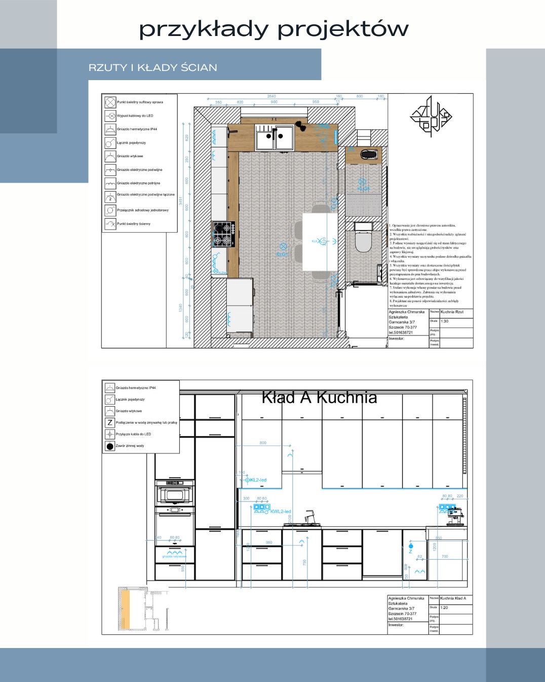 Rzut i kład ściany kuchni z zaznaczonymi punktami elektrycznymi i hydraulicznymi, wymiarami oraz legendą symboli.