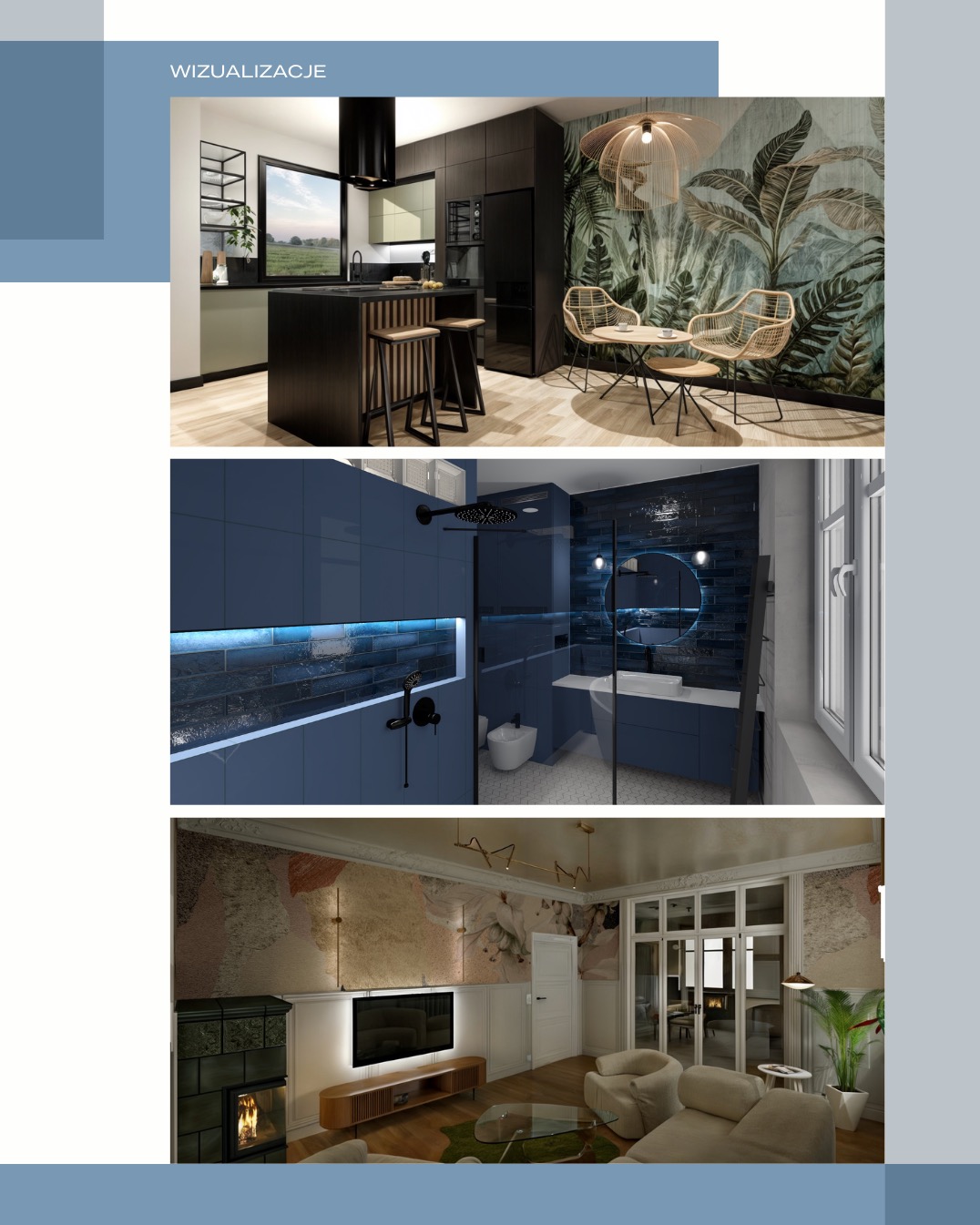 Wizualizacja wnętrz: kuchnia z wyspą i motywem tropikalnym, łazienka w odcieniach granatu z podświetleniem LED, salon z kominkiem i telewizorem na tle abstrakcyjnej tapety.