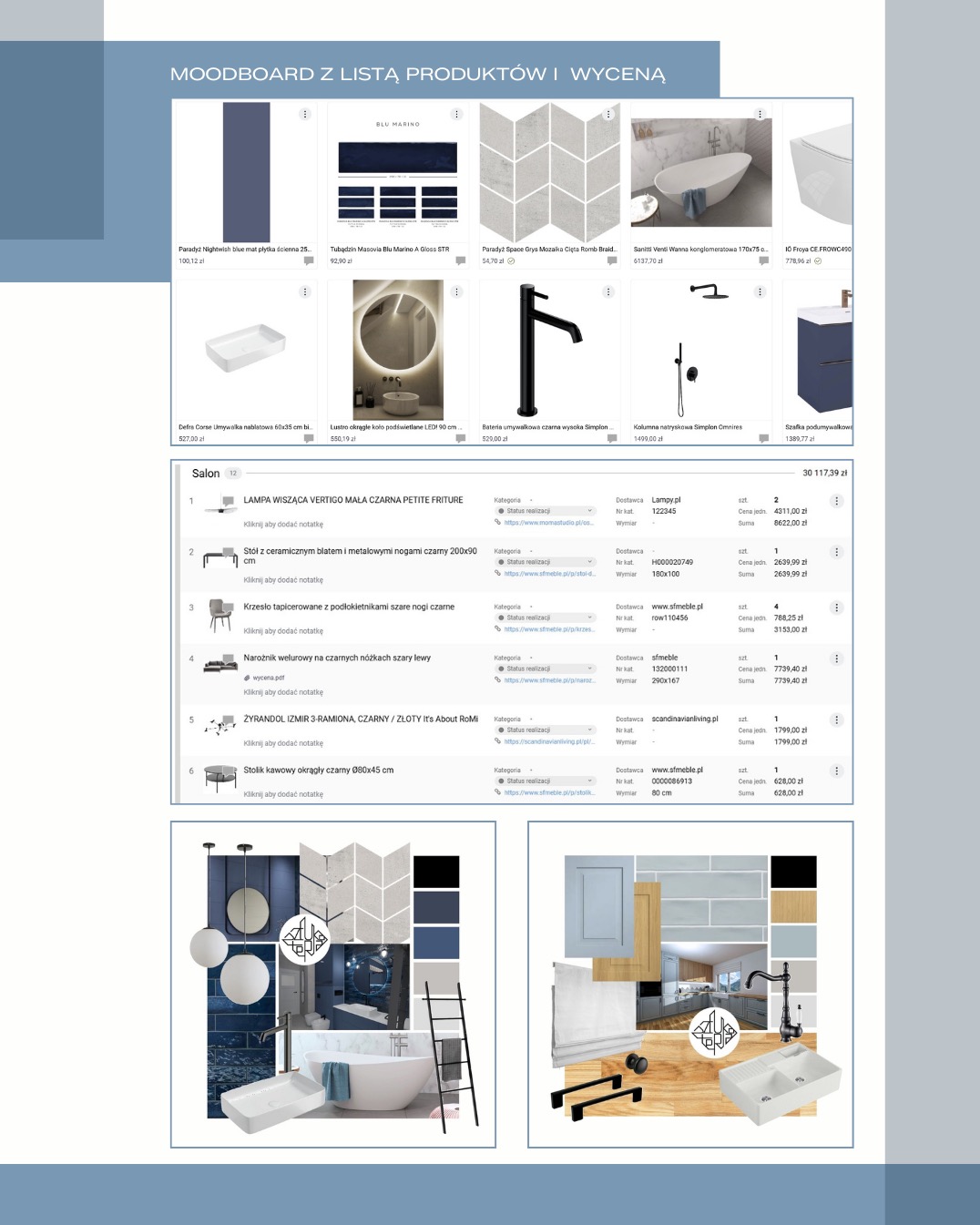 Moodboard z listą produktów i wyceną do łazienki: płytki, umywalka nablatowa, lustro okrągłe z podświetleniem LED, bateria umywalkowa czarna, kolumna natryskowa, szafka podumywalkowa, wanna...