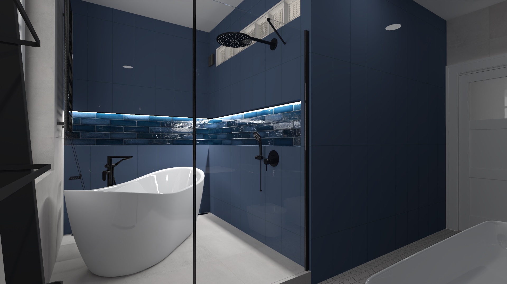 Nowoczesna łazienka z ciemnoniebieskimi płytkami, wolnostojącą białą wanną i czarną armaturą, oświetlona niebieskim światłem LED w niszy ściennej.