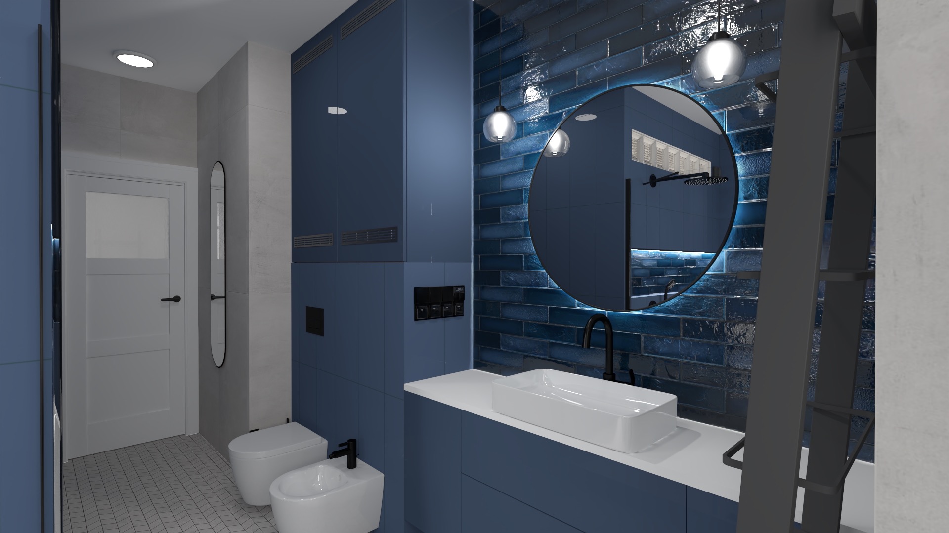 Wizualizacja nowoczesnej łazienki w odcieniach granatu i bieli, z okrągłym lustrem podświetlonym LED, wiszącą szafką, umywalką nablatową, bidetem i toaletą, wykończona błyszczącymi, podłużnymi...