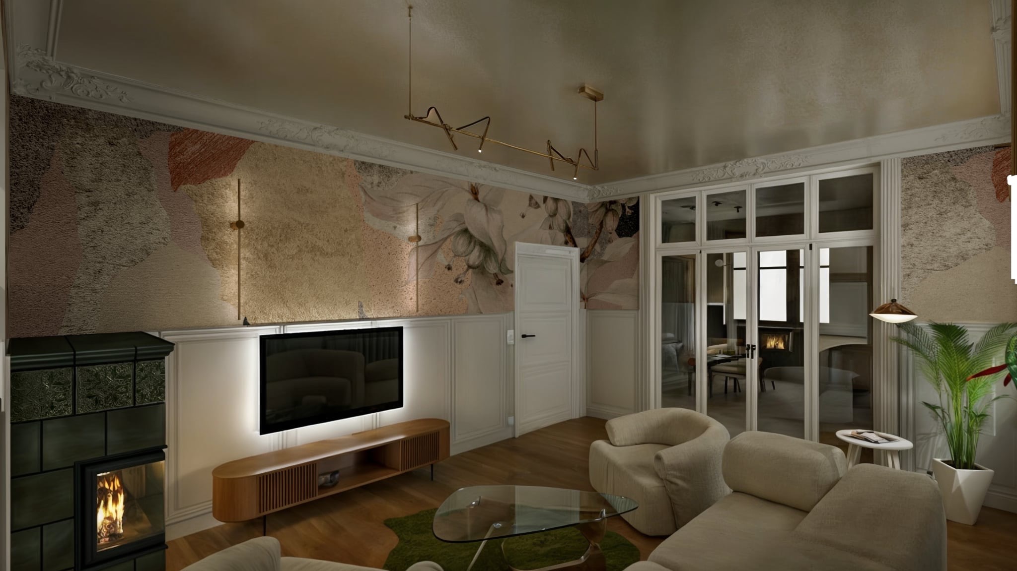 Salon z kominkiem kaflowym, telewizorem na ścianie z tapetą w kwiaty i abstrakcyjne wzory, oraz nowoczesnym oświetleniem sufitowym i szklanym stolikiem kawowym na zielonym dywanie.