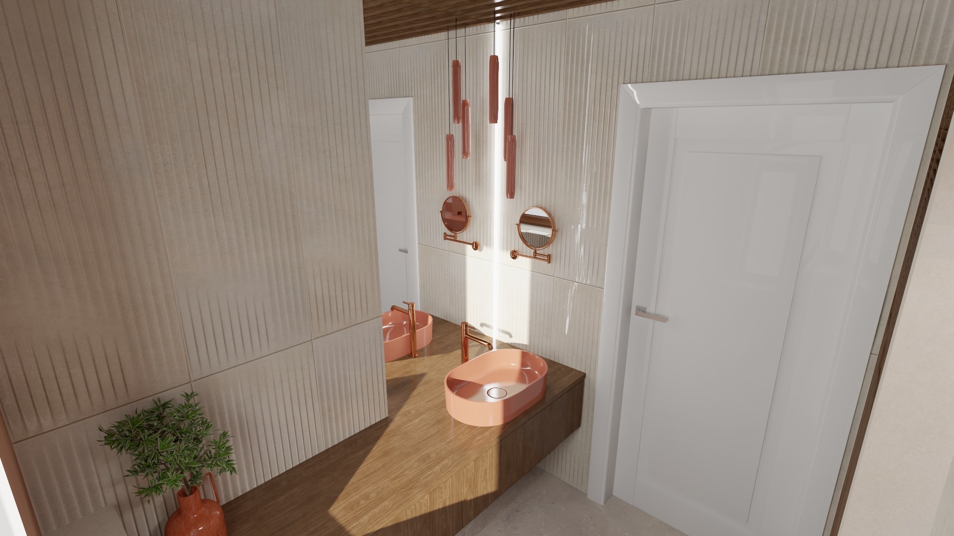 Wizualizacja łazienki z dwoma owalnymi, koralowymi umywalkami nablatowymi na drewnianym blacie, okrągłymi lustrami z miedzianymi ramami i wiszącymi lampami tubami w kolorze koralowym, na tle...
