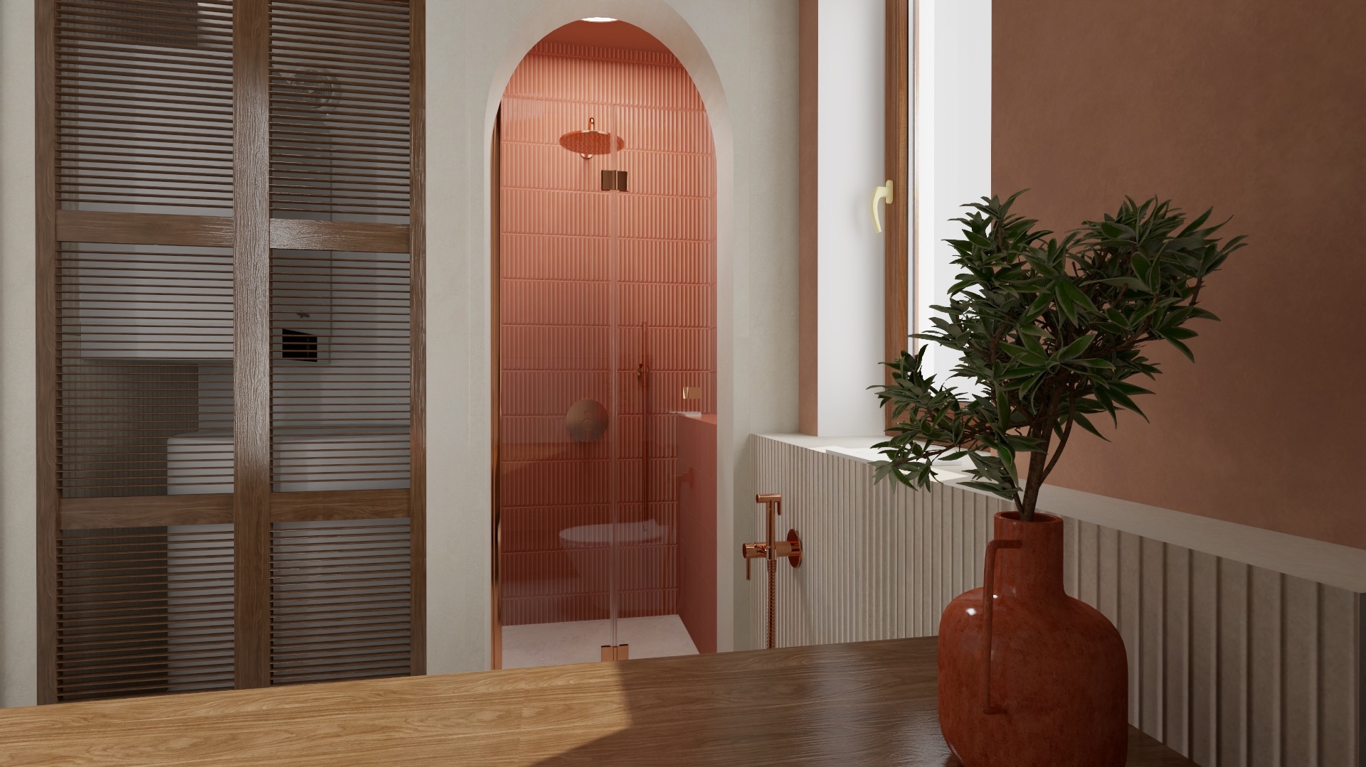 Nowoczesna łazienka z kabiną prysznicową w odcieniach terakoty, widoczna przez drewniane żaluzje, z rośliną w ceramicznym wazonie na pierwszym planie.