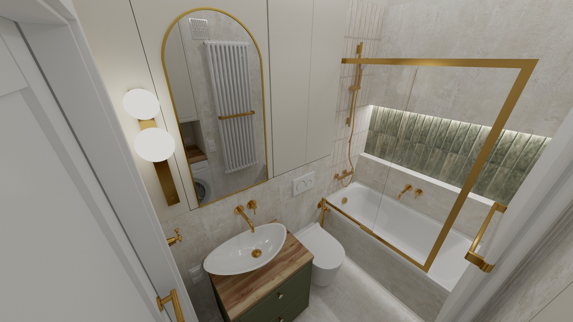 Wizualizacja małej łazienki z owalnym lustrem w złotej ramie, umywalką nablatową na drewnianej szafce w kolorze oliwkowym oraz wanną z parawanem nawannowym w złotej ramie.