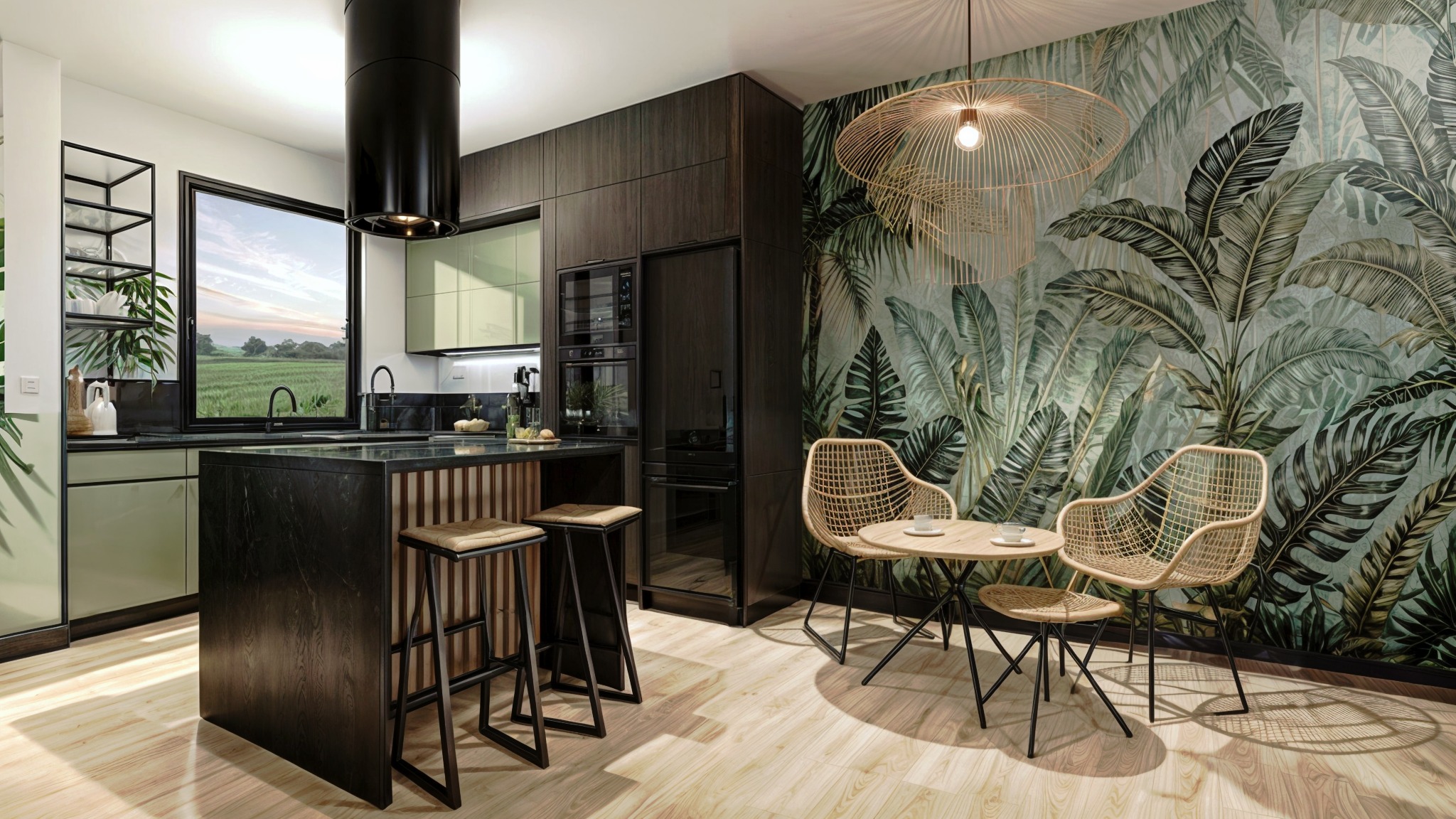 Nowoczesna kuchnia z wyspą i wysokimi stołkami barowymi, połączona z jadalnią z okrągłym stołem i plecionymi krzesłami na tle tapety w liście tropikalne.