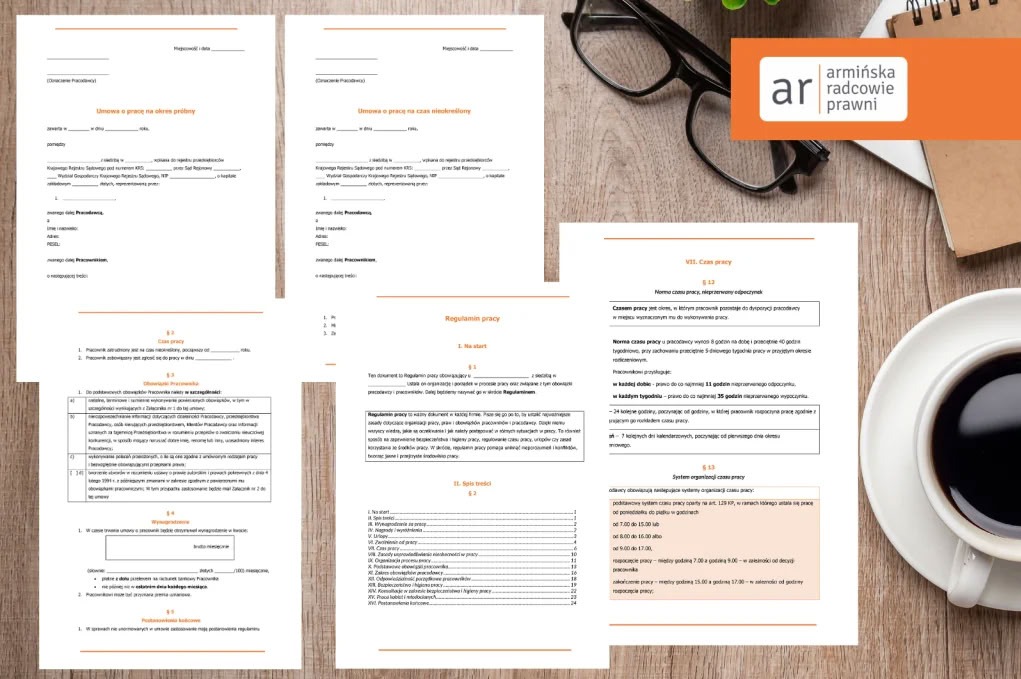 Dokumenty prawne, umowa o pracę, regulamin pracy, filiżanka kawy i logo kancelarii na drewnianym stole.