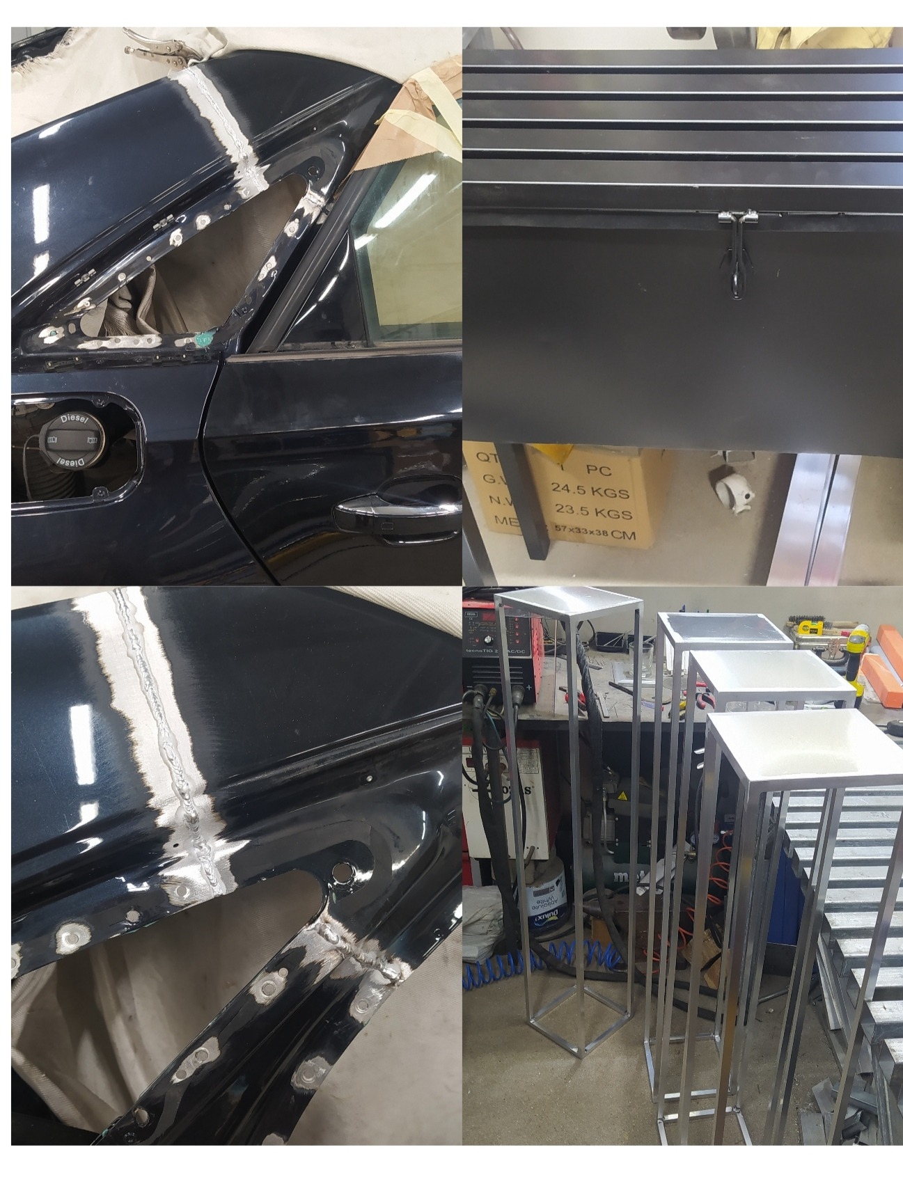 Naprawa karoserii auta poprzez spawanie blach. Metalowe konstrukcje spawane, widoczny sprzęt spawalniczy. Obróbka metali, spawanie.