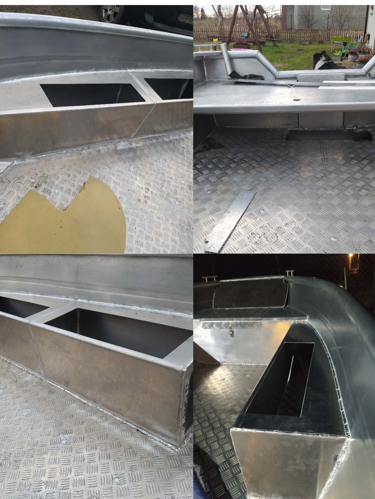 Wnętrze aluminiowej łodzi po spawaniu, widoczne spawy i blacha ryflowana. Cztery kadry z różnych perspektyw ukazują detale konstrukcji.