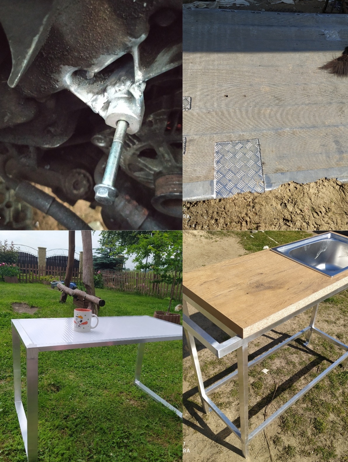 Mozaika zdjęć: spawanie elementu silnika, platforma z metalowymi wstawkami, stół z kubkiem na trawie oraz stół z blatem i zlewem, wykonane z metalowych profili.