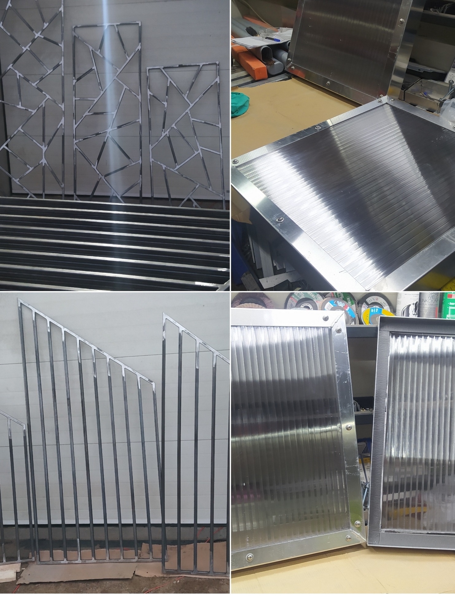 Metalowe konstrukcje spawane: ozdobne panele z geometrycznym wzorem, rzędy profili i kraty z wypełnieniem, prezentowane w warsztacie.