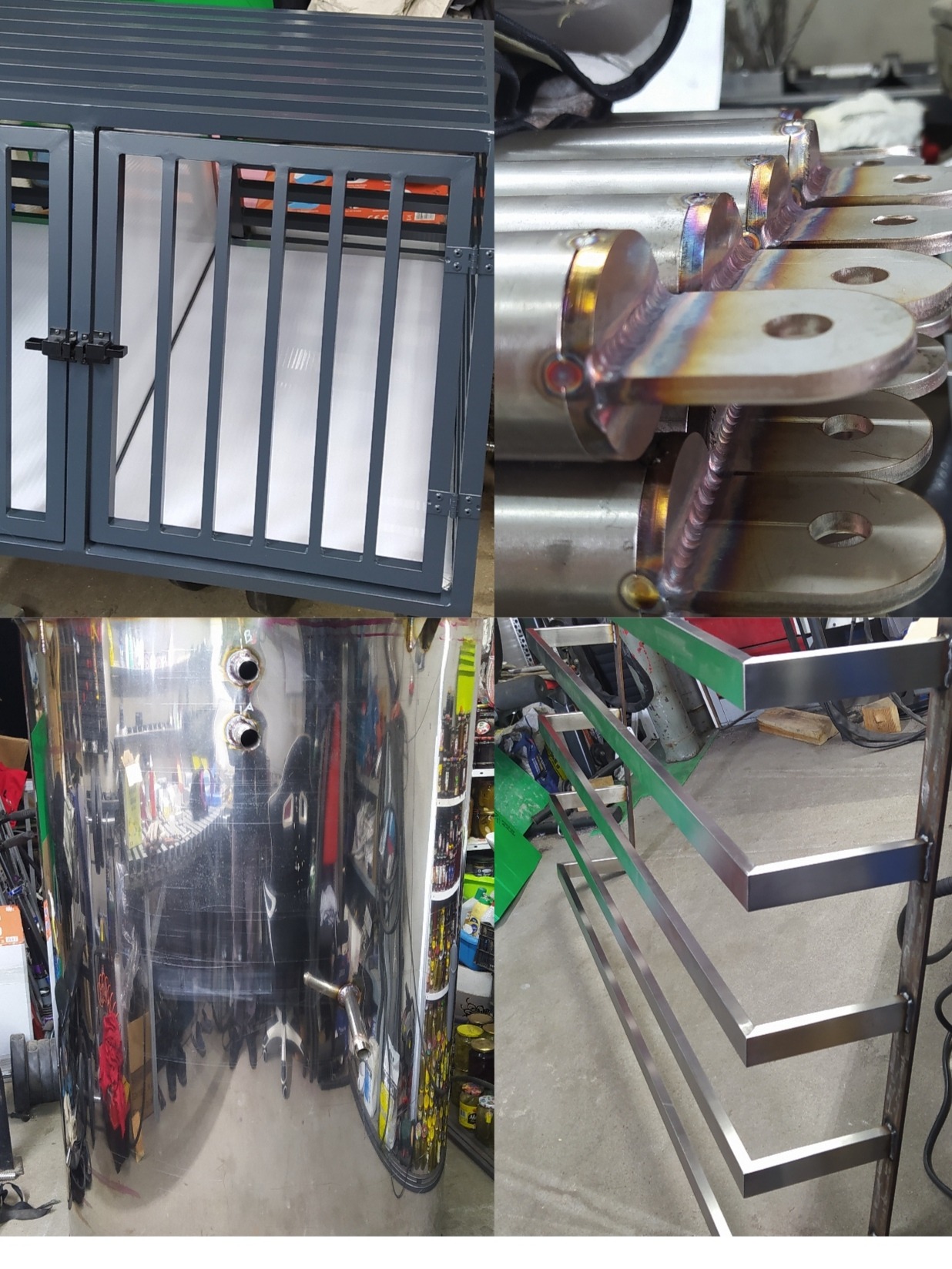 Kompozycja czterech ujęć spawanych konstrukcji: klatka, uchwyty, zbiornik i rama z profili. Widoczne spawy, detale łączeń i elementy wykończeniowe.